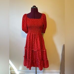 SHEIN Red Floral Midi Dress with Puff Sleeves